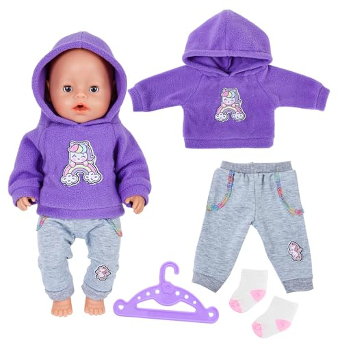 4 Pcs Baby Doll Clothes for 12-18 Inch Doll,Cartoon Purple Pony Baby Doll Accessories for 30-45cm Dolls with Green Hoodie Brown Trousers Socks Hanger Sweet Doll Clothes for Kids Birthday Gift