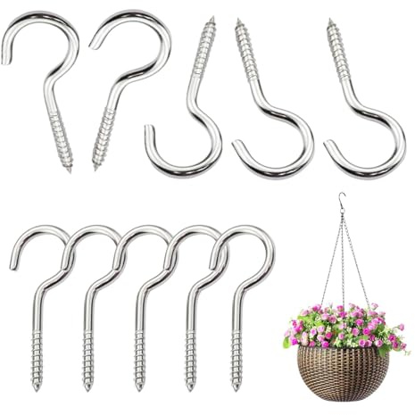 10 Pack Stainless Steel Screw In Hooks, Heavy Duty Hanging Hooks M5x65mm | Ideal for hanging plants, lights, washing lines and decorations on walls, ceilings, fences and other wooden surfaces