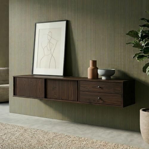 IDIMEX Lowboard Simona 175 cm hängend aus Massivholz, Nussbaum Finish - TV Schrank mit 2 Schiebetüren und Schubladen, Wohnzimmermöbel im Mid Century Style, ideal als TV Board.
