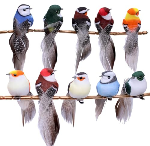 TETEWEVER 10 Stück Deko Vögel mit Clip, Vogel Deko mit Federn | Mini Federvögel Künstliche Deko Vogel für Garten Frühling Party Dekoration