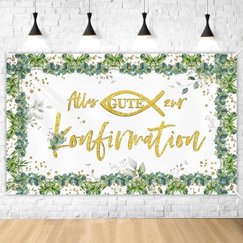 COMOOKA Konfirmation Deko Junge & Mädchen - Alles Gute zur Konfirmation Banner mit Eukalyptus Design (180x110cm, Grün & Gold)