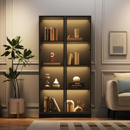 kowdom Vitrine en verre avec éclairage LED - 80 x 40 x 160 cm - Noir - Tablettes réglables - Cadre en aluminium - Vitrine de salon - Vitrine éclairée pour objets de collection et décoration
