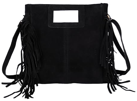 MIRROSI® Damen Umhängetasche aus Wildleder mit Fransen – Made in Italy, Boho Stil Schultertasche, 23 × 24 × 7 cm, hochwertige Ledertasche