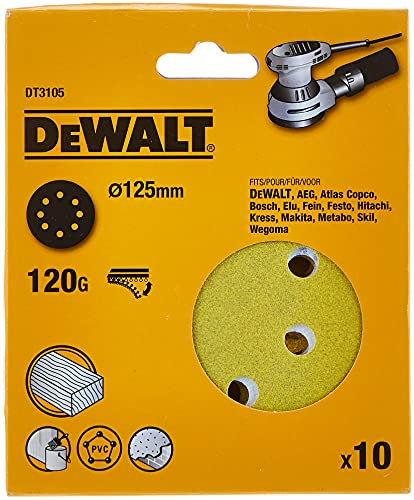 Dewalt DT3105-QZ - Discos de Lija de 125mm y Grano 120, con Velcro de Acoplamiento rápido y 8 Orificos Perforados