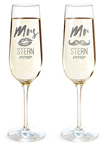 AMAVEL - Set de 2 flûtes à Champagne avec Gravure - Mr. & Mrs. - Personnalisées avec [Noms] et [Date] - Lèvres et Moustache - Cadeau Mariage - Idée Cadeau pour Anniversaire de Couple - Saint Valentin
