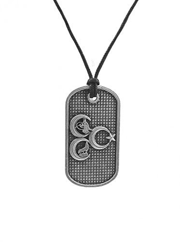 Gök-Türk Halskette für Herren Künye Unisex mit Anhänger '3 Hilal'- Tugra Wolf Mond Schwarze Schnur, ColorName:Silber