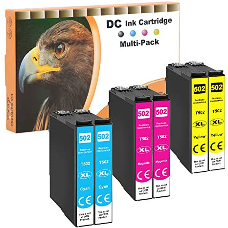D&C 6X Druckerpatronen Kompatibel für Epson 502 XL für Epson Expression Home XP-5100 Series XP-5105 XP-5115 Workforce WF-2800 Series WF-2860 D WF-2860 DWF WF-2865 DWF 2xCyan 2xMagenta 2xGelb