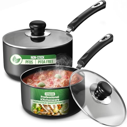 KICHLY - Nonstick Saucepan Set with Glass Lid for Home and Restaurants - 14cm 950ml (Spiral Bottom) and 18cm 1900ml (Induction Bottom) with Black Bakelite Handle (Black, 1 Set of 2)