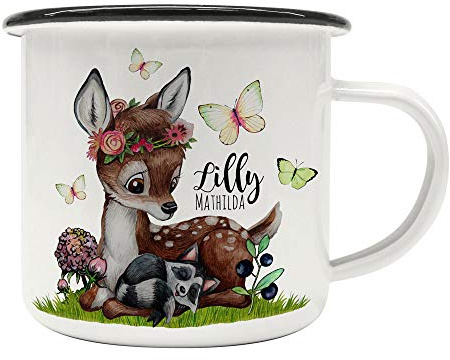 Emaille Becher Camping Tasse Motiv Reh Waschenbär Blaubeeren Schmetterlinge & Wunschname Name Kaffeetasse Geschenk eb491 - ausgewählte Farbe: *schwarzer Becherrand*