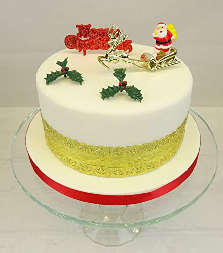 Christmas Decoration Topper Santa Sleigh Holly Red Motto Traditional Christmas Cake Frill Gold Band - Complete Set