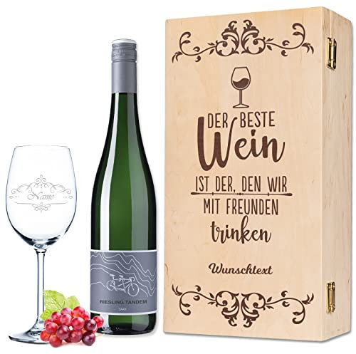 Leonardo Weinglas mit Name - Der beste Wein ist der, den wir mit Freunden trinken - inkl. bedruckter Vintage Holzkiste & Riesling Tandem Weinflasche - Geschenk für beste Freunde & Freundin