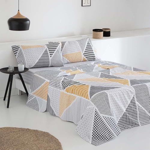 COTTON ARTean Juego de sábanas 150x190/200 poliéster-algodón GEKA gris 4 piezas: Encimera, 2 Fundas Almohada, Bajera Ajustable