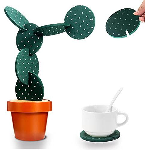 Coasters Cactus Set of 6 DIY Funny Coasters for Drinks with Flowerpot Holder,Novelty Coasters Cactus Gifts for Bar Home Decor (Green with Point)