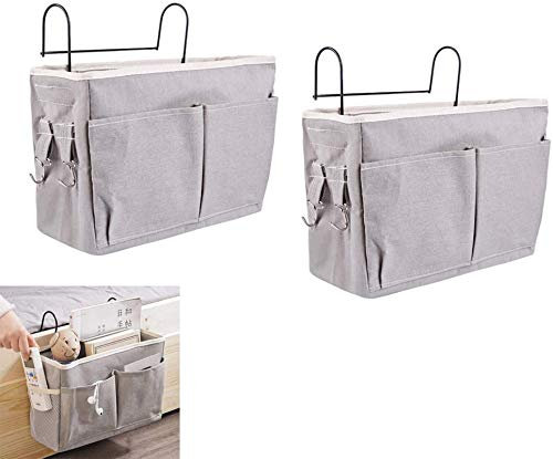 2 Stück Betttasche mit Drahtrahmen Bett Organizer Hochbett Hängetasche Aufbewahrungstasche für Buch, Magazin, Kopfhörer (Grau)