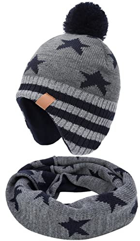 Foruhoo Jungen Wintermütze Beanie Hut, Mädchen Strickmütze Mütze mit Bommel(Grau Stern Set,55)