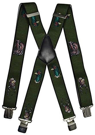 Olata Bretelles de Chasse en X Réglables et Résistantes pour Hommes avec Pinces Gaufrées - 4 cm. Faisan et Stag