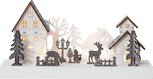 EGLO LED Weihnachtsdeko, Weihnachts-Silhouette Weihnachtsdorf aus Holz, Winterdorf mit Timer, Winterlandschaft mit batteriebetriebener Beleuchtung, warmweiß