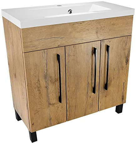 paplinskimoebel - Unterschrank mit Mineralguss Waschbecken Vittoria, 80 cm Breite, Matt Eichenoptik Korpus, Badmöbel Set für Badezimmer & Gäste-WC, Stehend Waschtisch, Waschbeckenunterschrank