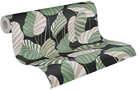 A.S. Création Antigua 390942 Non-Woven Plant Wallpaper 10.05 m x 0.53 m Made in Germany Floral Design Black Green Gold White