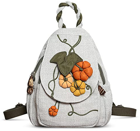 DIRRONA Damenrucksack Canvas Rucksack Damen Boho Vintage Kleiner Rucksack Damen Convertible Schultertasche Crossbody Brusttasche Damen Tagesrucksack für Reise Freizeit Boho Elfenbein Floral