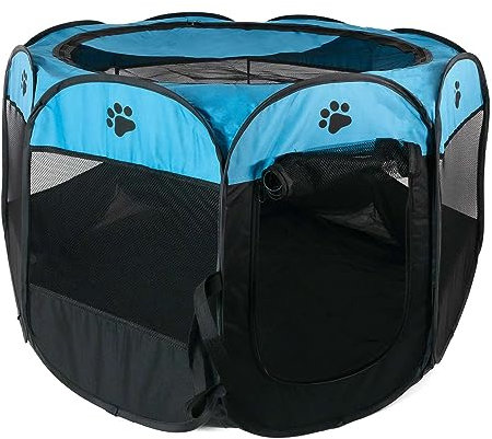 Intirilife Laufstall für Haustiere 77 x 58 cm Spielzelt aus Oxford-Gewebe in Blau mit Pfoten - Faltbar mit Tragetasche für Hunde Katzen Welpen Stall Tierlaufstall