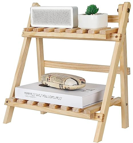 Jotsport 2-Step Desktop Storage Organizer Foldable 2 Tier Ladder Plant Stand Wood Display Shelf Decorative Storage Rack for Table Top