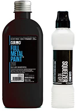 Graff-City Grog Full Metal Paint & Squeezer 10 EPT - 10mm Mop Marker & Gloss Permanent Paint Refill 200ml (Death Black)