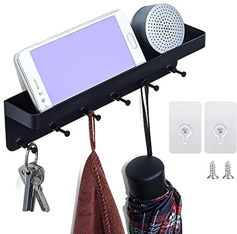 JinZeYou Schlüsselbrett mit Ablage, Schlüsselhalter Wand, 6 Haken Schlüssel Wandorganizer Selbstklebend, Schlüsselhaken Schlüsselboard Aufbewahrung für Schlafzimmer Badezimmer Küchen - Schwarz