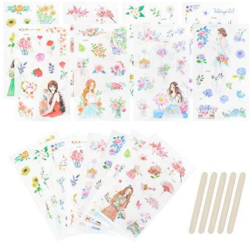 WANDIC 16 Blatt Rub On Transfer-Aufkleber, Mädchen Blumen Muster Aufkleber Ästhetische Dekoration Transferaufkleber für Sammelalbum Journal Planer Album