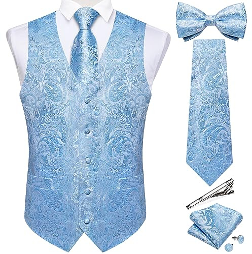 DiBanGu Herren-Set aus Seide, Paisleymuster, Weste und Krawatte, vorgebundene Fliege, formelle Weste für Hochzeit, Party, 6 Stück