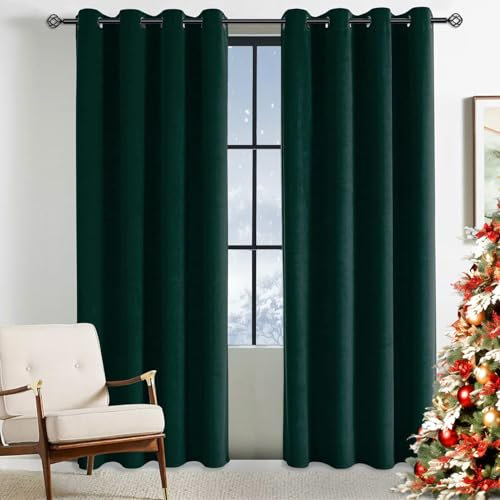 CUCRAF Velvet Blackout Curtains for Bedroom Thermal Insulated 55 x 88(W x L) Dark Green 2 Panels Ring Top Eyelet Soundproof Curtain Kidsroom and Living Room