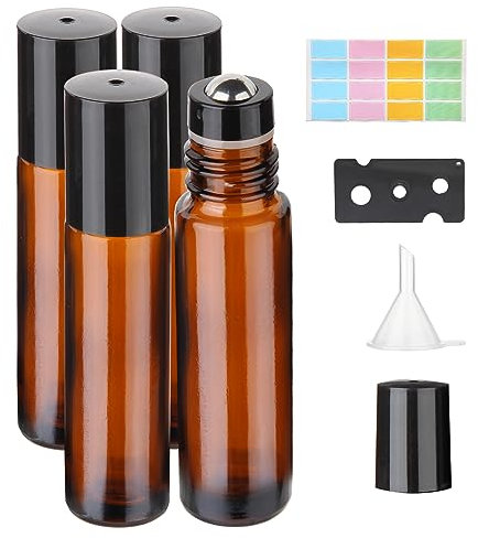 10ml Roll on Glasflaschen für ätherisches öl 4Pcs Roll on öl Flasche Leer Rollon Flaschen für ätherische Öle,Parfüm,Massage mit Edelstahl-Roller Ball, Flaschenöffner, Aufkleber und Trichter