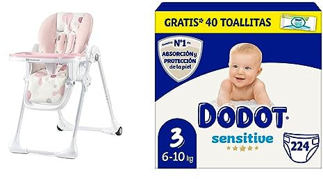kk Kinderkraft YUMMY Trona bebé Ajustable, Trona portatil, Plegable & Dodot Pañales Bebé Sensitive Talla 3 (6-10 kg), 224 Pañales + 1 Pack de 40 Toallitas Gratis Cuidado