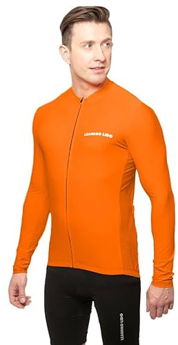 Leandro Lido Men's Cycling Short Sleeve/Long Sleeve Jersey with Mesh Inserts for Optimal Ventilation, Extended Back with Rubberised Hem Inside for Optimal Fit, long sleeve jersey orange, S