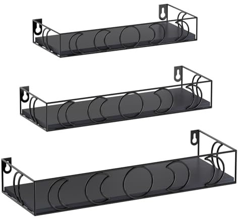 EYMPEU Wandregal 3er-Set schwebende Holzregale mit Mondphasen-Metalldekor, ideal für Büro,Küche, Bad und Wohnräume, praktische Aufbewahrung und stilvolle Dekoration, Schwarz