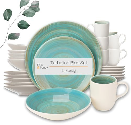 Cosy & Trendy Turbolino Blue Crockery Set 24 Pieces | 6 Dinner Plates, 6 Dessert Plates, 6 Bowls, 6 Cups | Stoneware Crockery Set Green | Microwave & Dishwasher Safe | Dinner Service for 6 People