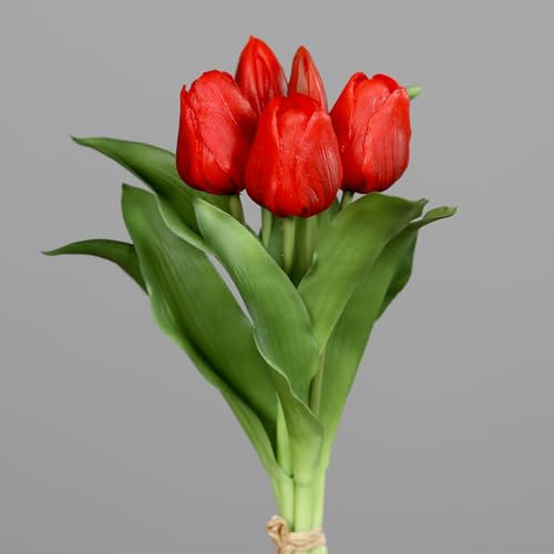 Tulpenbund Nature Real Touch 32x20cm mit 5 Blüten DP Kunstblumen künstliche Blumen Tulpen Latex (Rot)
