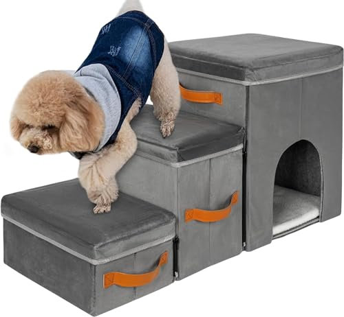 IBVIVIC 3 en 1 Escaliers pour Chiens et Chats de Petite/Moyenne, Escalier Pliable pour Animaux à 3 Marches avec Boîte de Rangement et Maison, Rampe pour Chien pour Lit Haut & Canapé (Gris)