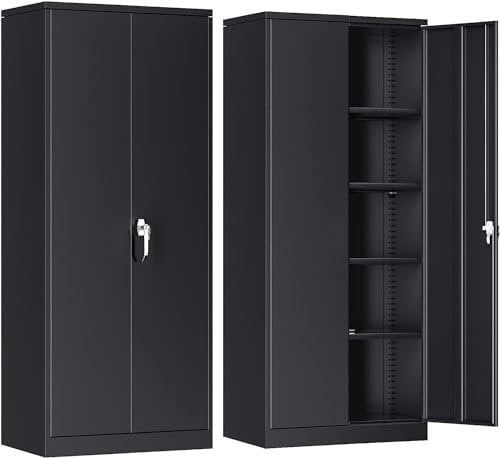 SUPEER Metal Storage Cabinet with 2 Door and 4 Adjustable Shelves,180CM Tall Steel Cabinet for Warehouse,Garage,Home,Office,Easy Assemble Required(Black)