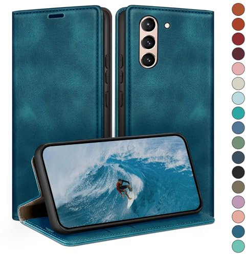 HUOUH für Samsung Galaxy S21 Hülle mit RFID Schutzhülle aus Lederhülle Handyhülle,360 Grad Schutz Case,Kartenfach Leder ständer Handy hülle für Samsung S21 Klapphülle Wallet Cover Türkis