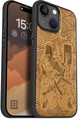 Carveit Magnetic Wood Case for iPhone 15 Case [Solid Wood & Black Soft TPU] Shockproof Protective Cover Unique Wooden Case Compatible with magsafe (Japanese Samurai -Cherry)
