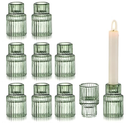 Glasseam Porte-Bougies en Verre Vert - Lot de 10 Cônes Nervurés pour Le Salon, Mariage et Décorations de Tables de Fête
