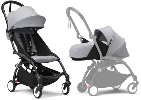 Poussette Stokke YOYO3 avec pack nouveau-né et pack couleur 6+ - Comprend un cadre noir, un pack couleur YOYO 6+ (Stone) et un pack nouveau-né 0+ (Stone)