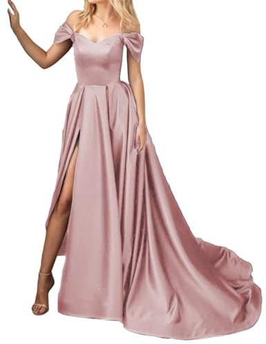 Robe de bal à épaules dénudées pour femme, longue robe de soirée formelle avec fente plissée en satin, vieux rose, 36