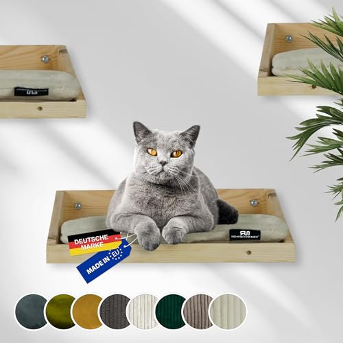 Rohrschneider Kletterwand Katzen (alle Katzengrößen) | Made in EU | Katzentreppe kombinierbar | aus Echtholz Kiefernholz | belastbar bis 30 kg | Natur (waschbares Kissen Cord Deluxe beige)