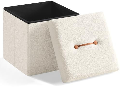SONGMICS HOME Hocker mit Stauraum, Faltbarer Sitzhocker, 38 x 38 x 38 cm Fußhocker, Sitzbank, Bettbank, Aufbewahrungsbox, bis 300 kg belastbar, Wohnzimmer Schlafzimmer Flur, cremeweiß LSF095W01