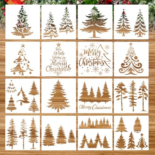 HOWAF 16 Stück Schablonen Weihnachten Schablone Tannenbaum Kiefer, Stanzschablone Tannenbaum Fenster Schablonen Weihnachten Wiederverwendbare Plastikschablonen Schablonen Malen für Weihnachtsdeko DIY
