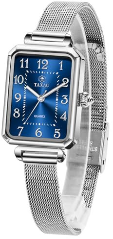 Taxau Womens Watch with Arabic Numerals Square Ladies Watches Silver Blue Face Rectangle Fashion Analog Quartz Waterproof Watch for Women Stainless Steel Mesh Dress Wrist Watches