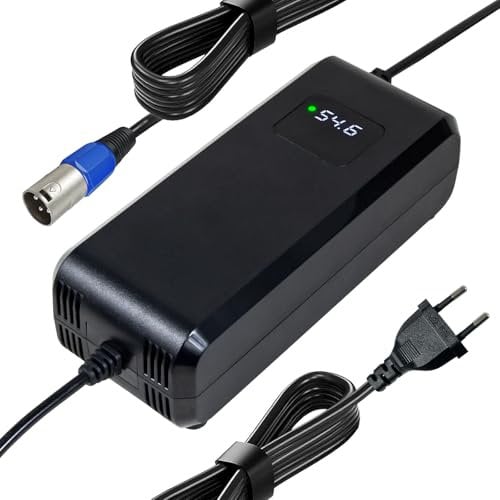 54.6 4A Lithium Akku Ladegerät für E-Bike Elektroroller 48v 13s Li-Ion Akku-Pack 3 Pin XLR Stecker, 48v Power Adapter Eingebauter Lüfter mit Display zur Anzeige der sofortigen Ladespannung