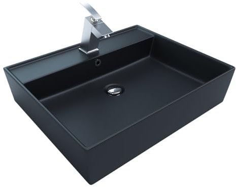 Design Waschtisch 55x45cm Schwarz Matt Waschbecken Aufsatzwaschbecken Keramikwaschbecken Waschplatz mit Armaturenloch und Überlauf